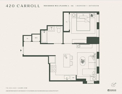 Floor plan for 1 bed, 1 bath, 606 sqft